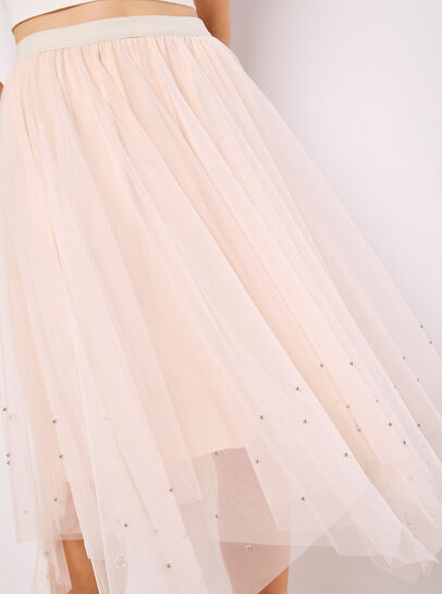 Pearl Embellished Tulle Midi Skirt