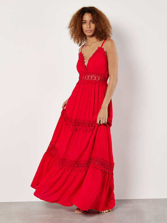 Lace Crinkle Tiered Maxi Dress, Red, large