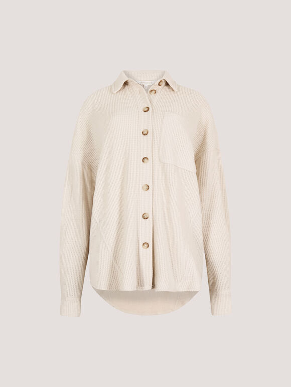 Oversized Waffle Knit Shirt, Stone, large
