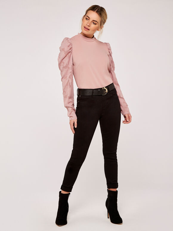 Sheer Puff Sleeve Mock Neck Top, Pink, large