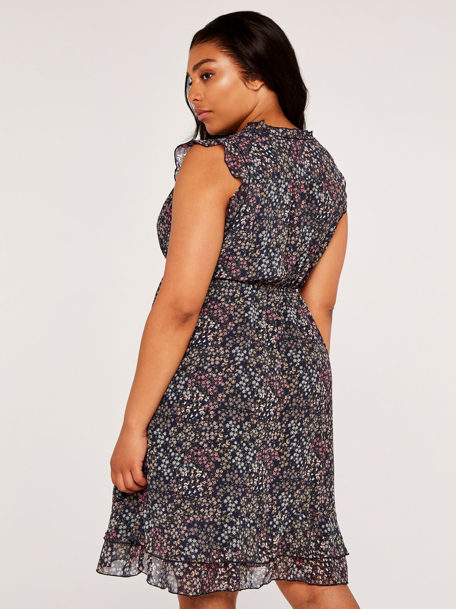 Curve Ditsy Floral Frill Chiffon Dress Apricot Clothing