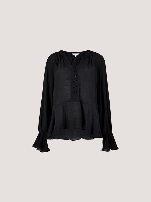 Textured Peplum Hem Blouse, Black, large