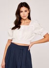 Embroidered Shirred Crop Top, White, large