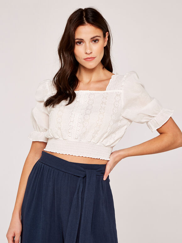 Embroidered Shirred Crop Top, White, large
