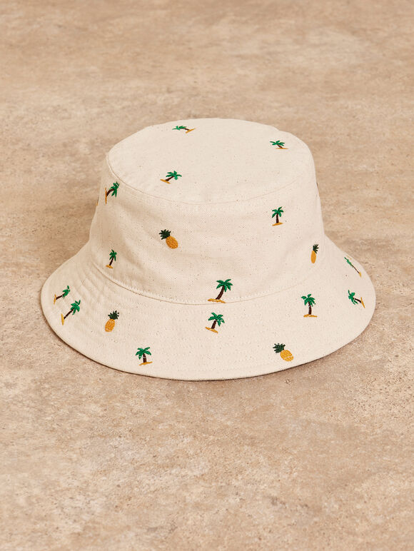 Chapeau bob brodé de palmiers tropicaux, blanc, grand