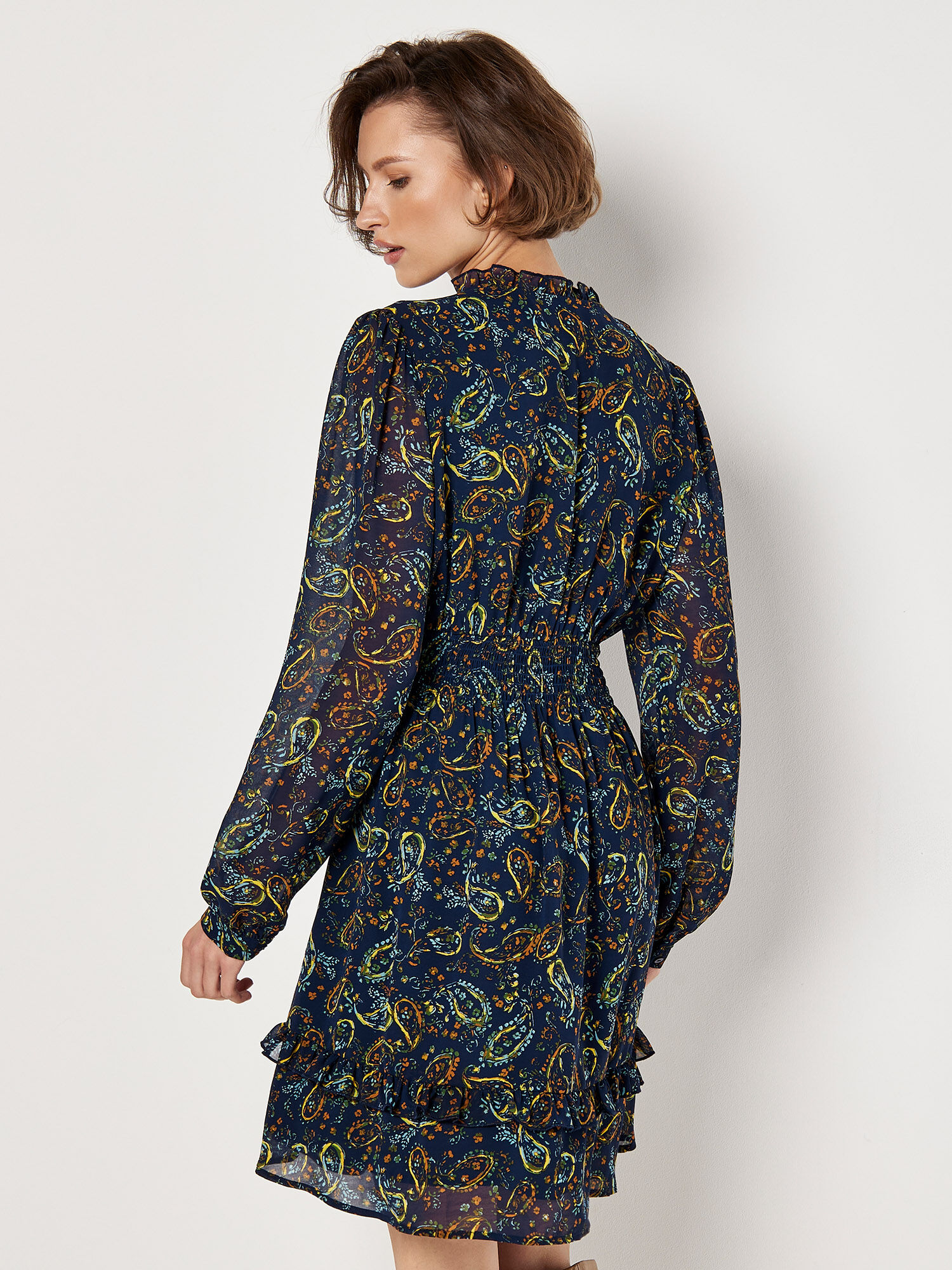 Paisley Ruffle Mini Dress Apricot Clothing