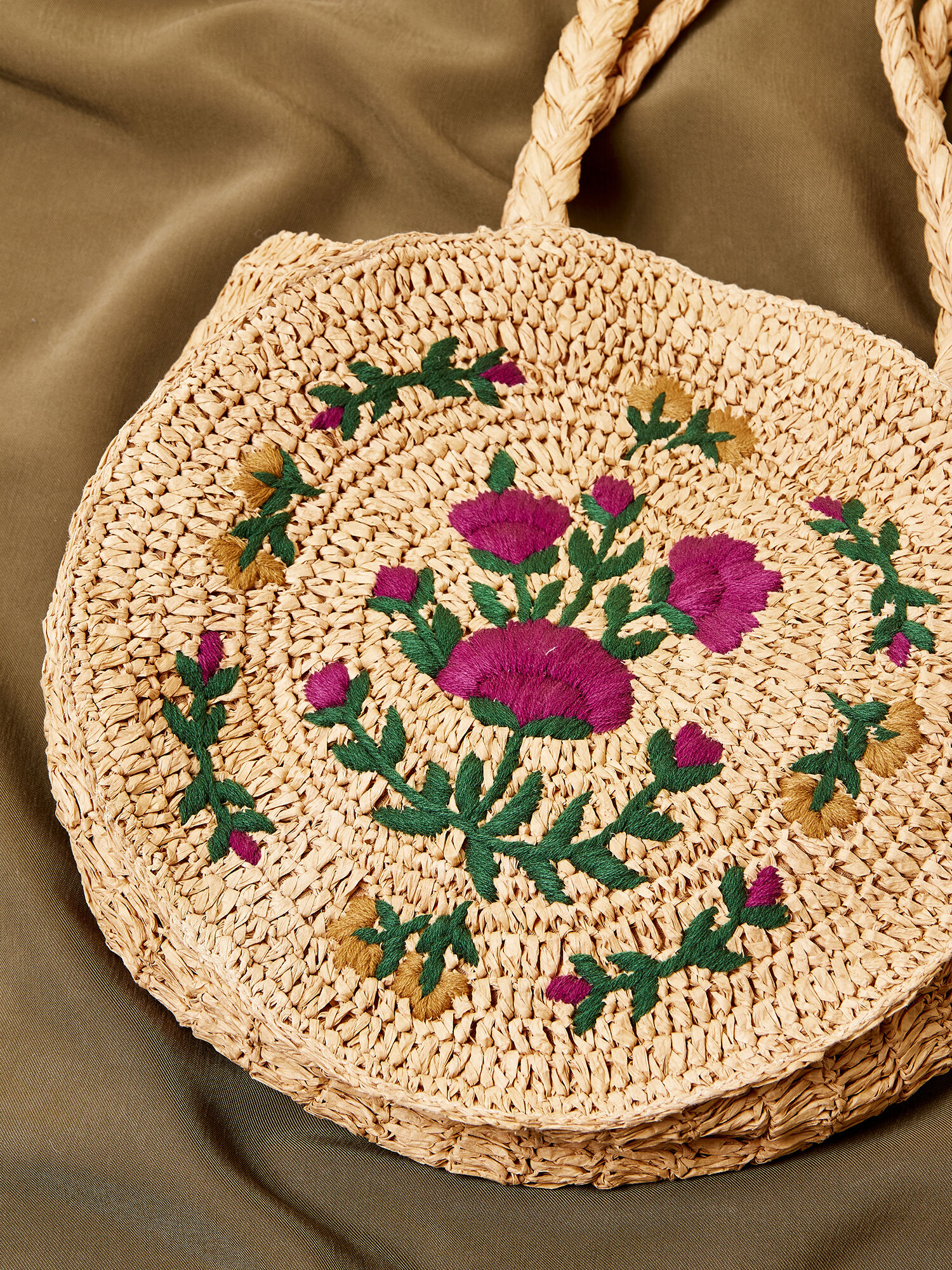 Sac Rond En Paille Brode De Fleurs Vetements Apricot
