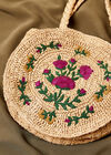 Floral Embroidered Round Straw Bag, Stone, large