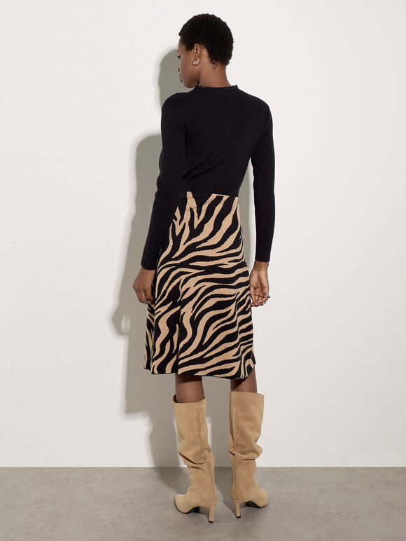 Ribbed Knit Zebra Midi Dress, Black, large