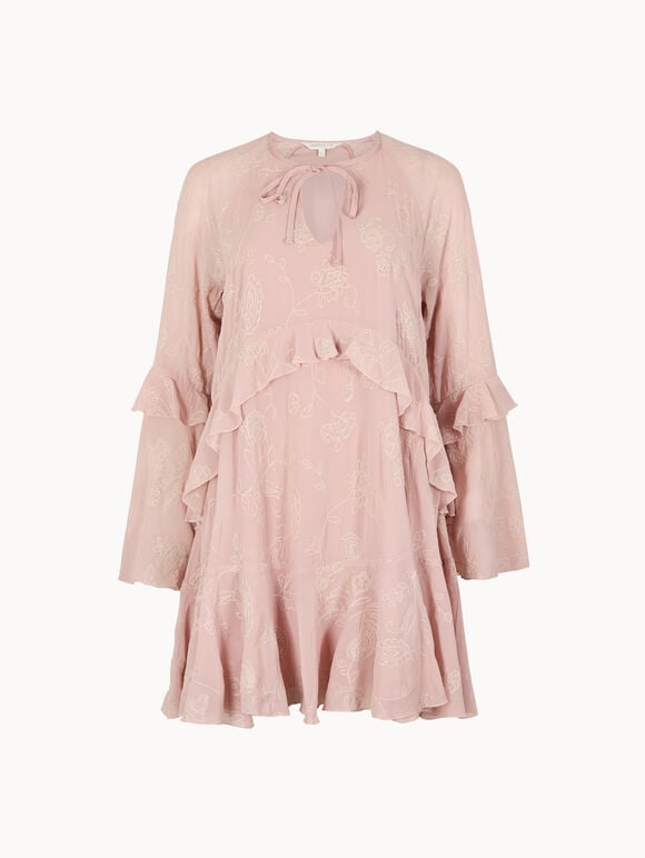 Chiffon Floral Embroidered Mini Dress, Pink, large