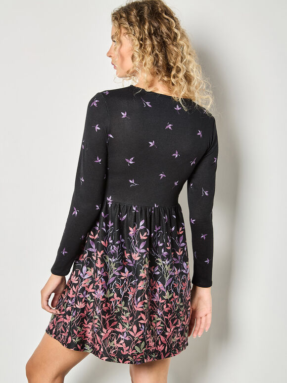 Floral Print Soft Knit Skater Mini Dress, Black, large