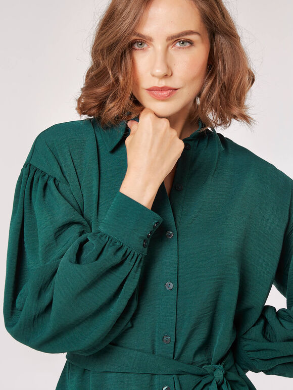 Volume Sleeve Shirt Mini Dress, Green, large