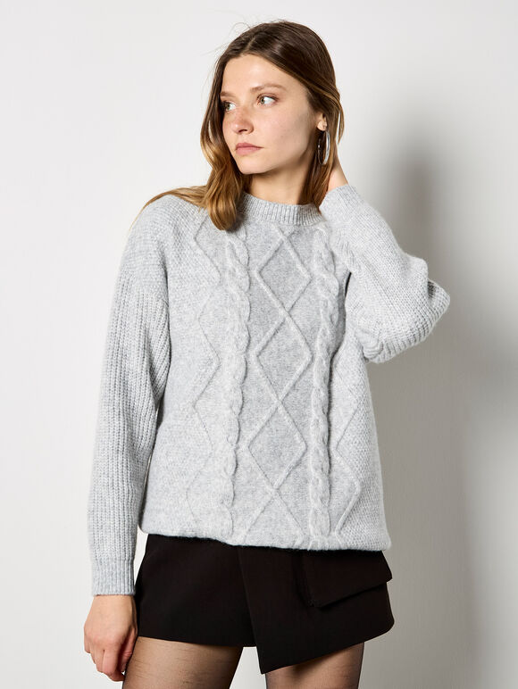 Cable Waffle Knit Oversized Jumper, Grey, large