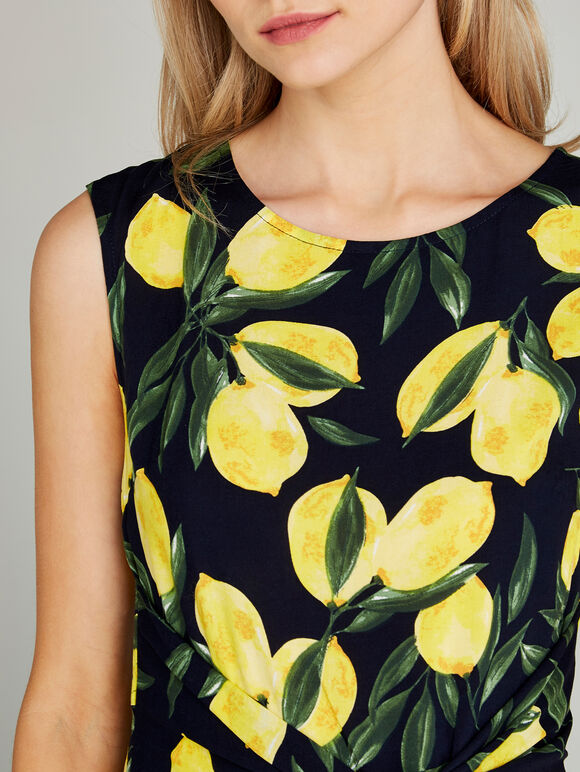 Navy Lemon Print Knot Front Dress, Navy, large