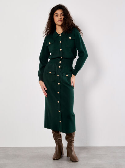 Ribbed Knit Button-Down Midi Skirt