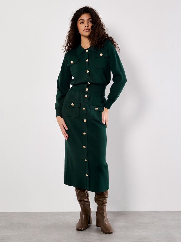 Ribbed Knit Button-Down Midi Skirt, Green, large