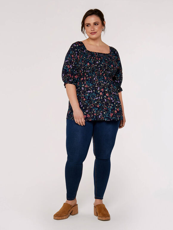 Curve Floral Milkmaid Top, Navy, large