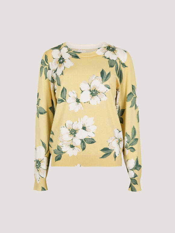 Floral Print Fine Knit Jumper, Yellow, large