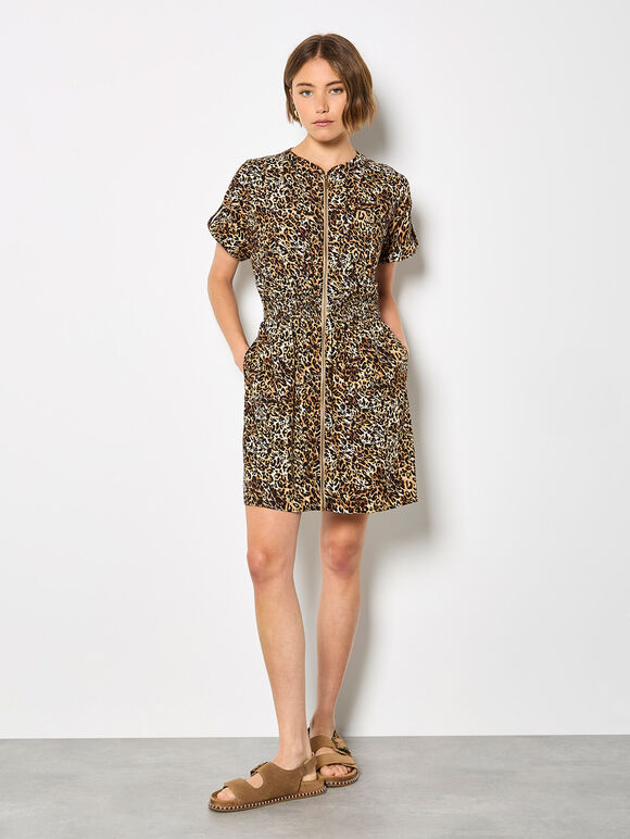 Leopard Print Zip-Down Mini Dress

, Brown, large