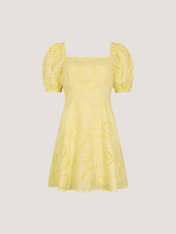 Floral Broderie Mini Dress, Yellow, large