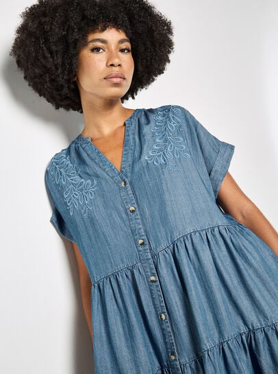 Embroidered Denim Tiered Mini Dress