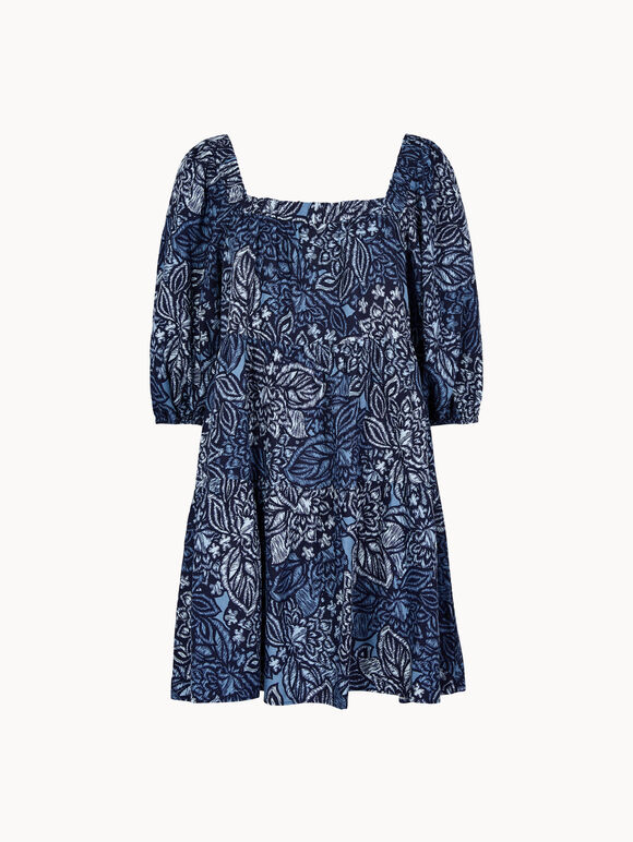 Floral Print Tiered Mini Dress, Navy, large