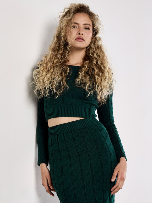 Cable Knit Maxi Skirt, Green, large