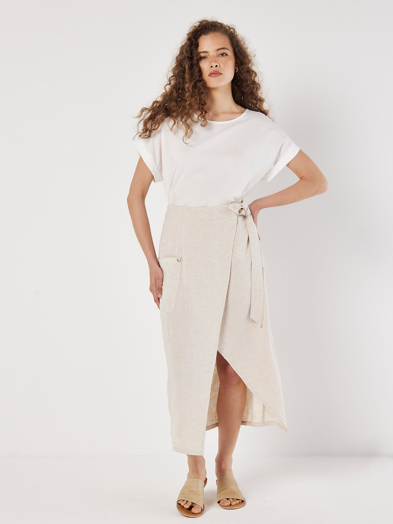 Linen Blend Wrap Midi Skirt