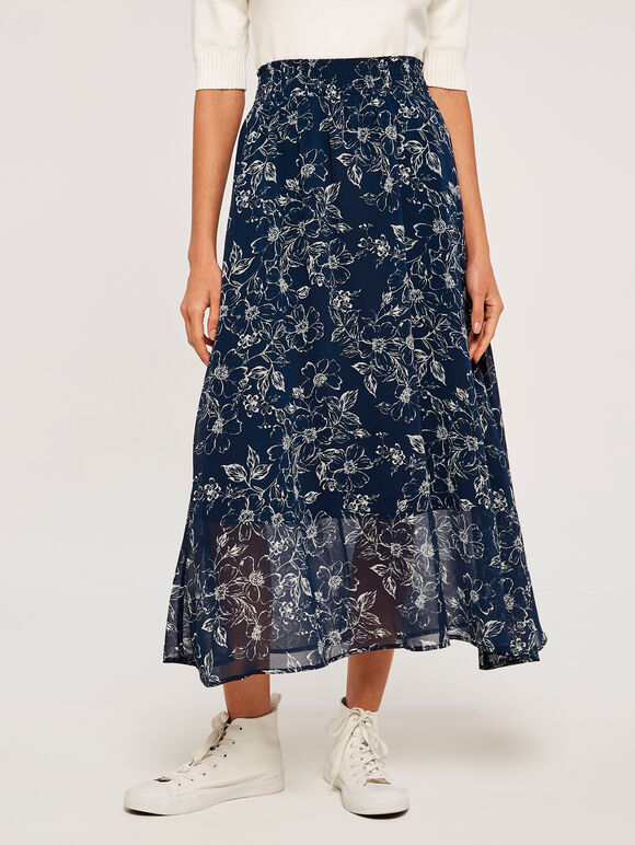  Retro Floral Skirt, Navy, large