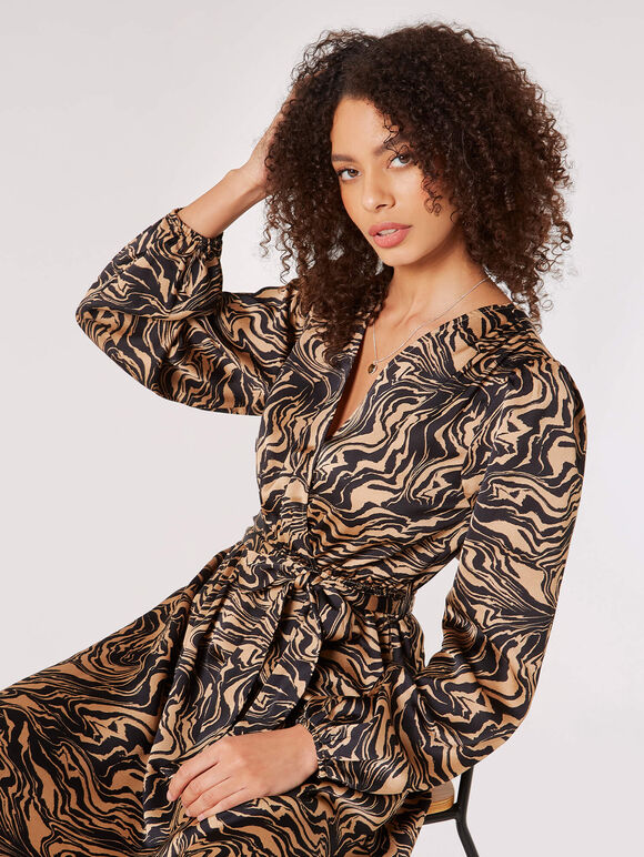 Swirl Satin Wrap Midi Dress, Black, large