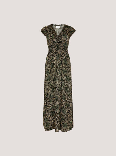 Rustic Leaf Print Smocked Maxi Dress