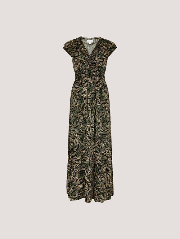 Rustic Leaf Print Smocked Maxi Dress, Khaki, large