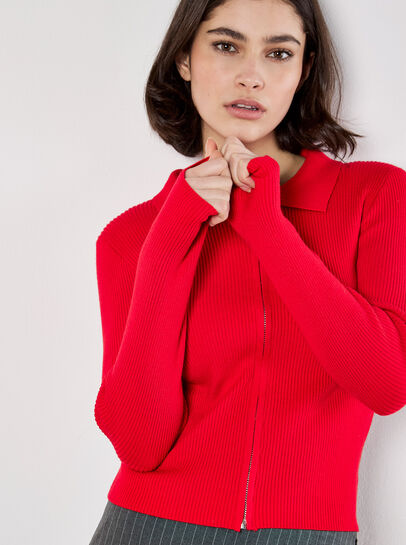 Zip Through Ribbed Knit Cardigan