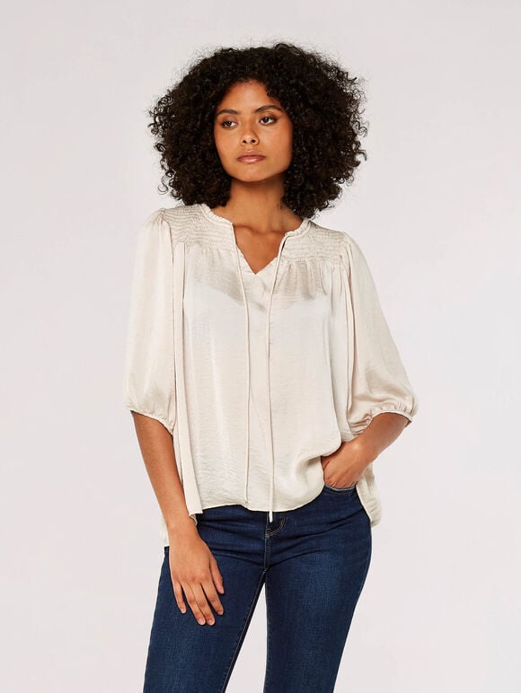 Satin Smock Detail Blouse, Stone, large
