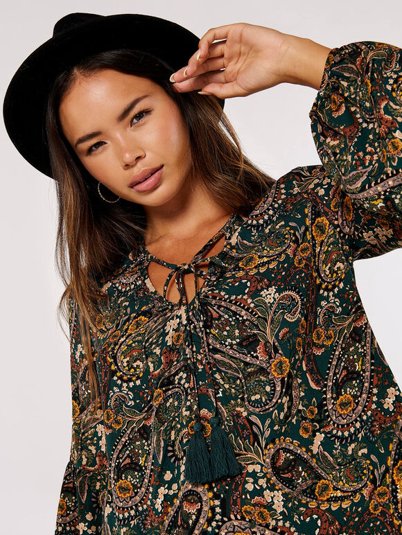 Paisley Tassel Boho Blouse, Green, large