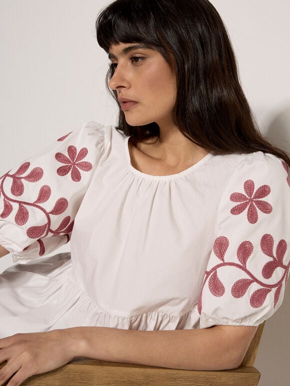 Floral Embroidered Peplum Top, Cream, large