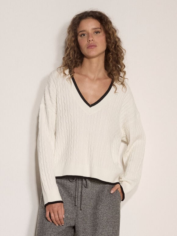 Cable Knit Tipped Cricket Jumper, White, large