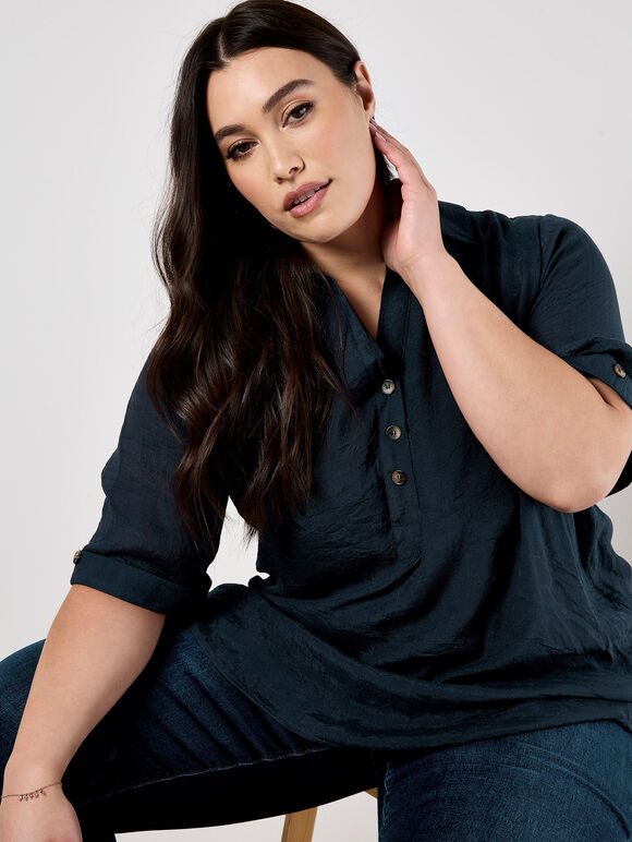 Slub Shimmer Relaxed Blouse, Navy, large