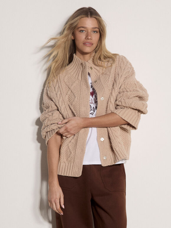Chunky Cable Knit Cardigan, Stone, large