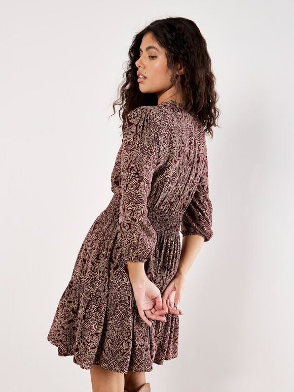 Paisley Ruffle Soft Mini Dress, Burgundy, large