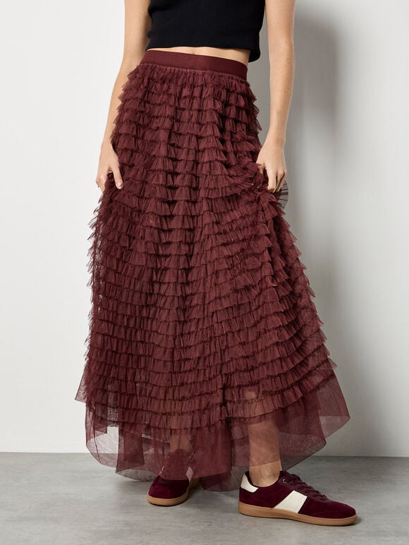 Ruffle Tiered Tulle Maxi Skirt, Burgundy, large
