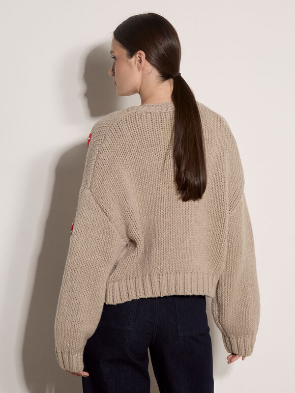 Mushroom Appliqu&eacute; Chunky Knit Cardigan, Brown, large