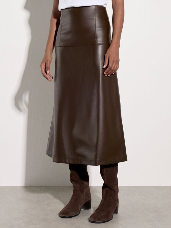 Faux Leather Midaxi Skirt, Brown, large
