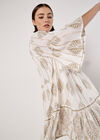 Metallic Paisley Tiered Tunic Mini Dress, Cream, large