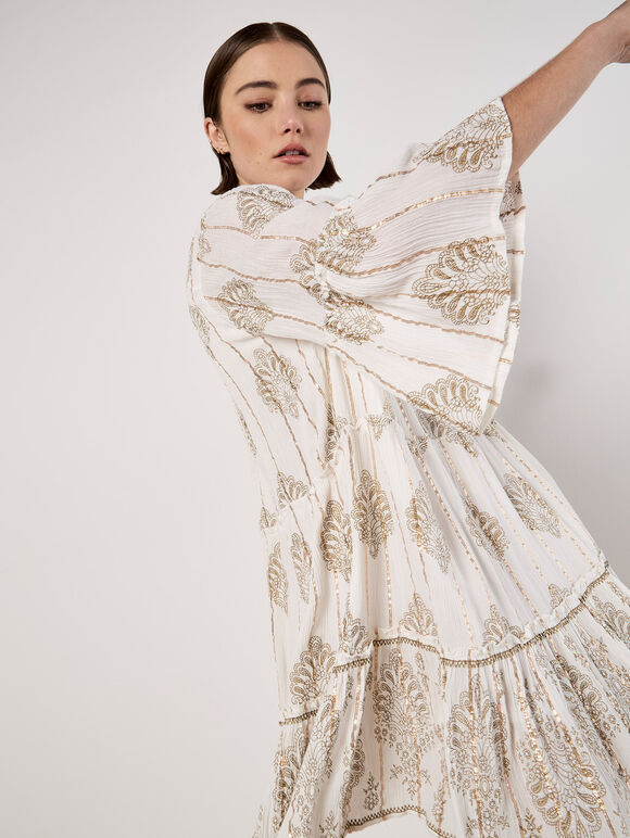 Metallic Paisley Tiered Tunic Mini Dress, Cream, large