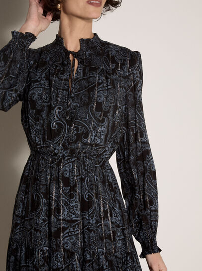 Paisley Metallic Shimmer Tiered Midi Dress