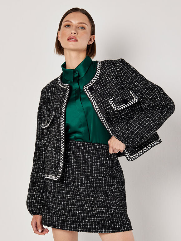 Tweed A-Line Mini Skirt, Black, large