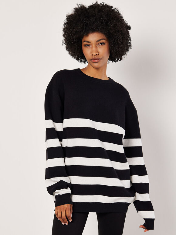Cotton Blend Chunky Stripe Jumper, Black, large