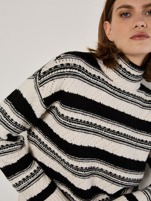 Pointelle Mixed Stripe Jumper, Black, large