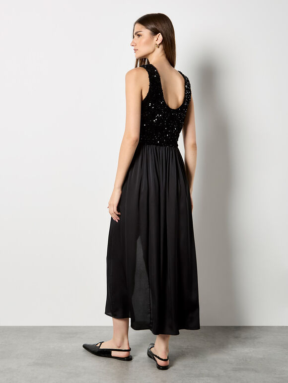 Velvet Sequin Bodice Midi Dress, Black, large